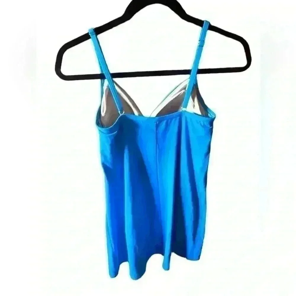 Lands End 6L blue swim dress. Adj straps, full suit under dress. Lined. EUC.